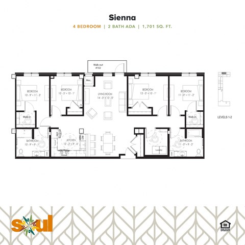 A floor plan for a 4 bedroom, 2 bath apartment with a total of 1,701 square feet.